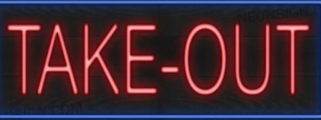 The red neon TAKE-OUT sign in the window of the C-View Inn